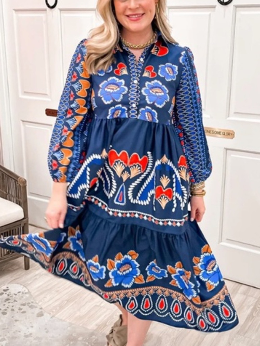 Boho Floral Tiered Midi Dress - Navy with Red & Blue Floral Print